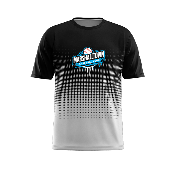 Black and white short-sleeve t-shirt with a blue and white Marshalltown baseball logo centered on the chest.