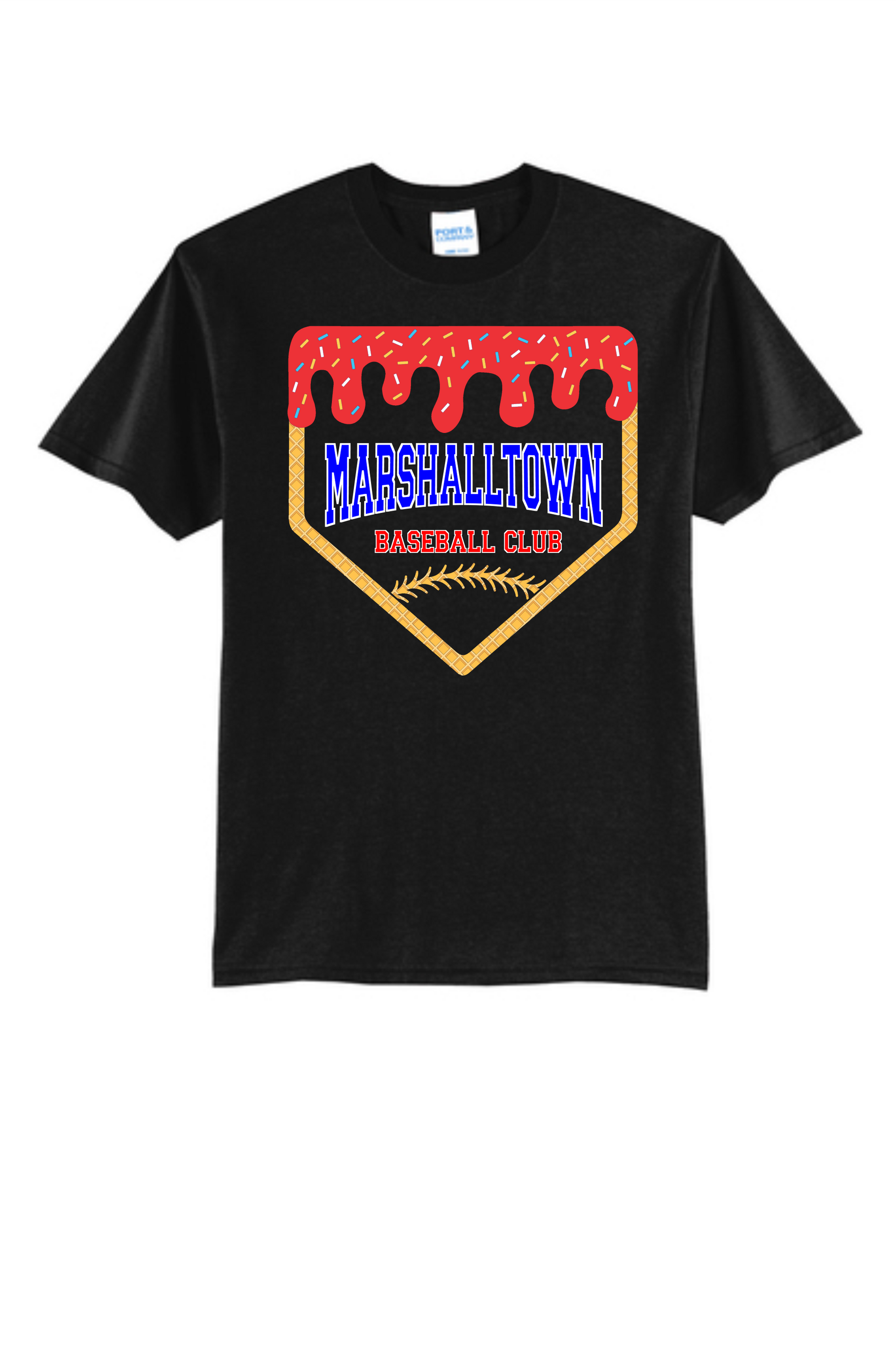 A black T-shirt featuring a home plate graphic with red icing, blue 