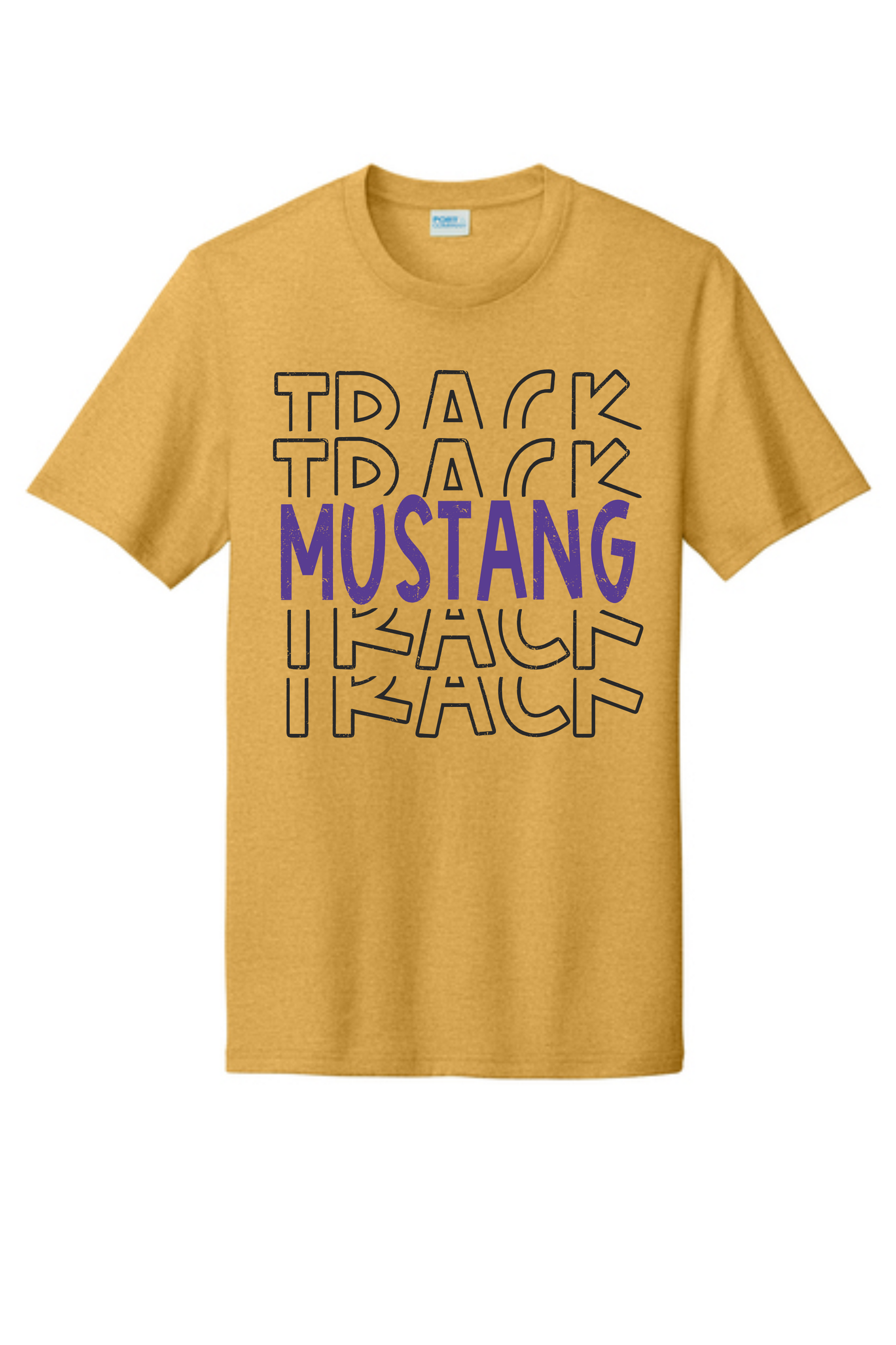 A gold short-sleeve t-shirt with the repeating word 