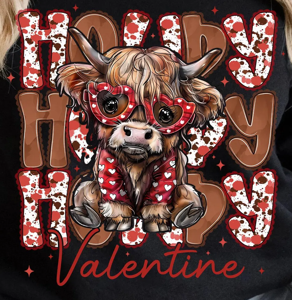 A Highland cow wearing heart-shaped glasses and a heart-patterned bandana, surrounded by 