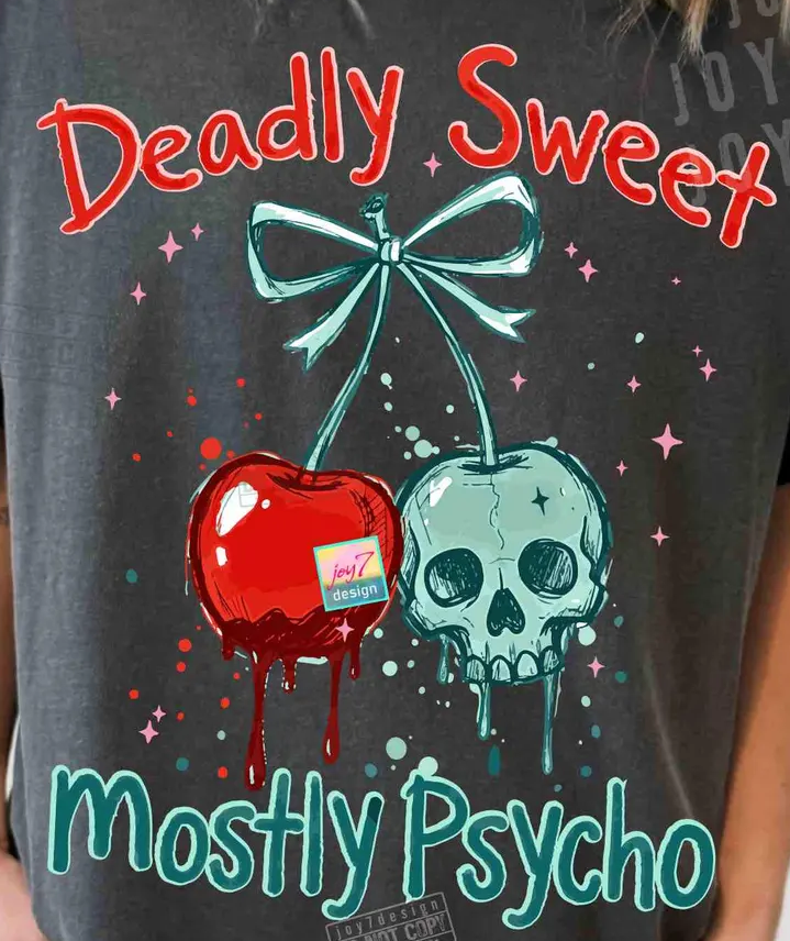 A grey t-shirt graphic features a red cherry, a skull, and a bow with the text 