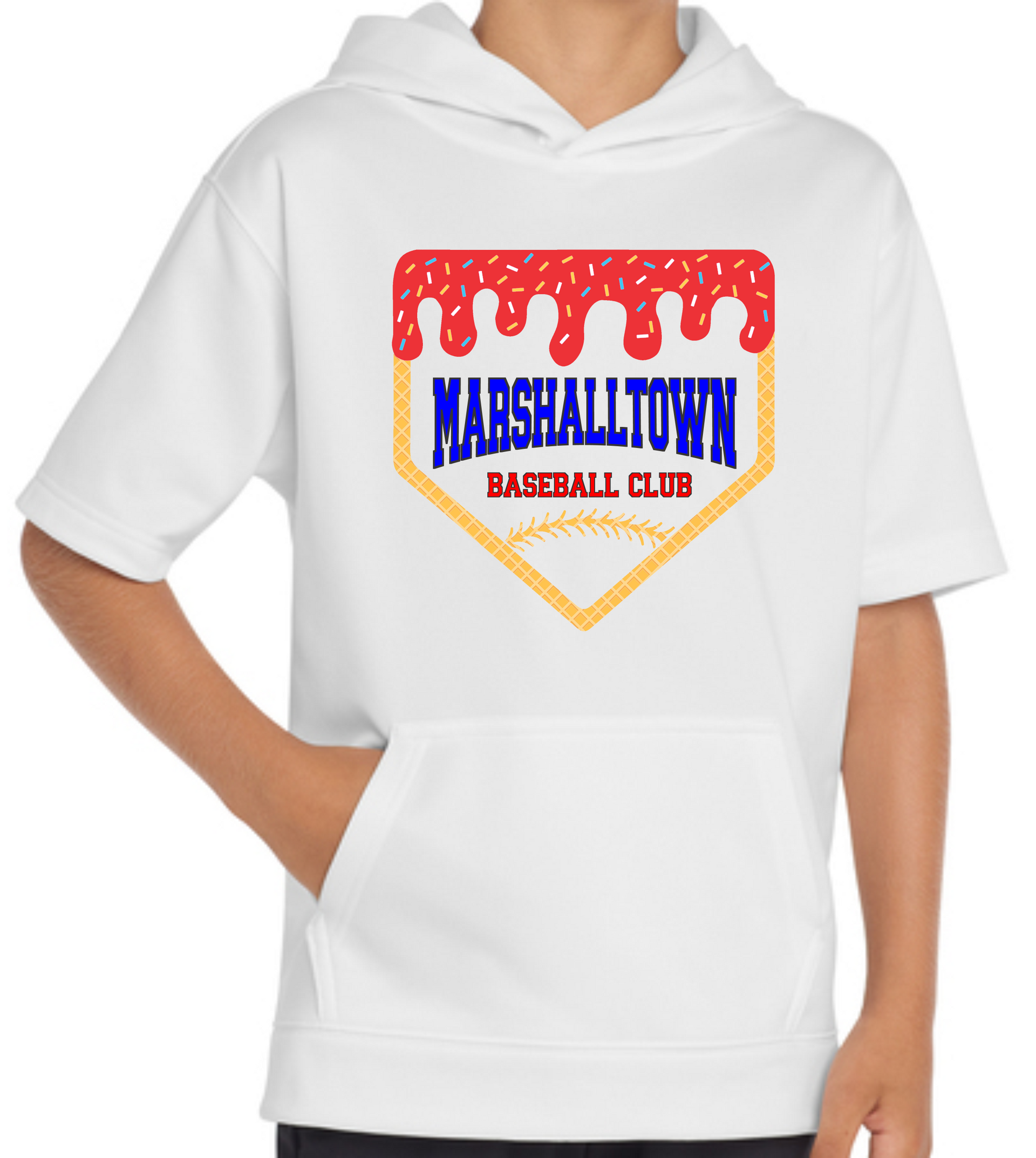 White t-shirt with a home plate design featuring a red, dripping top, blue text reading 