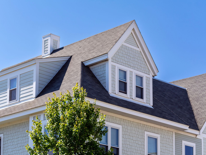 A close-up of a house roof with a prominent gable, light green siding, dark shingles, and a small tree in the foreground.