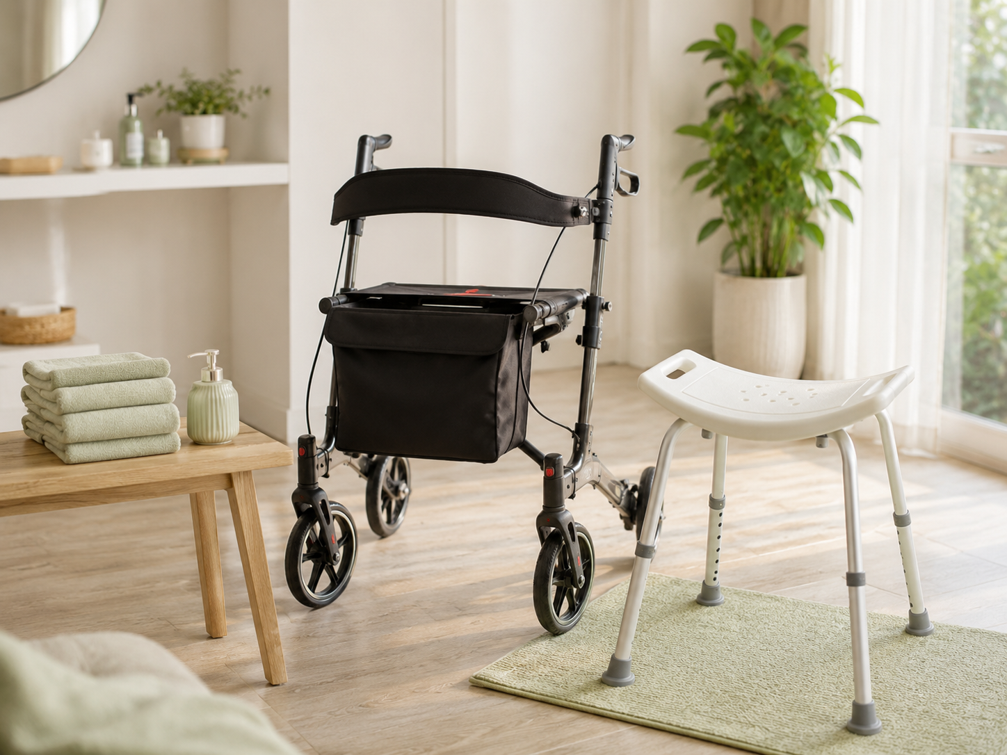Schwarzer Rollator und weißer Duschhocker in einem hellen Badezimmer mit Regalen, Handtüchern und einer Pflanze.