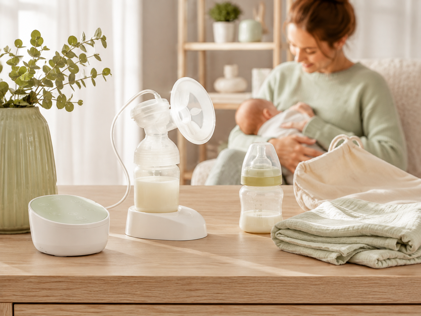 Mutter stillt Baby neben Milchpumpe und Stillzubehör auf einem Holztisch