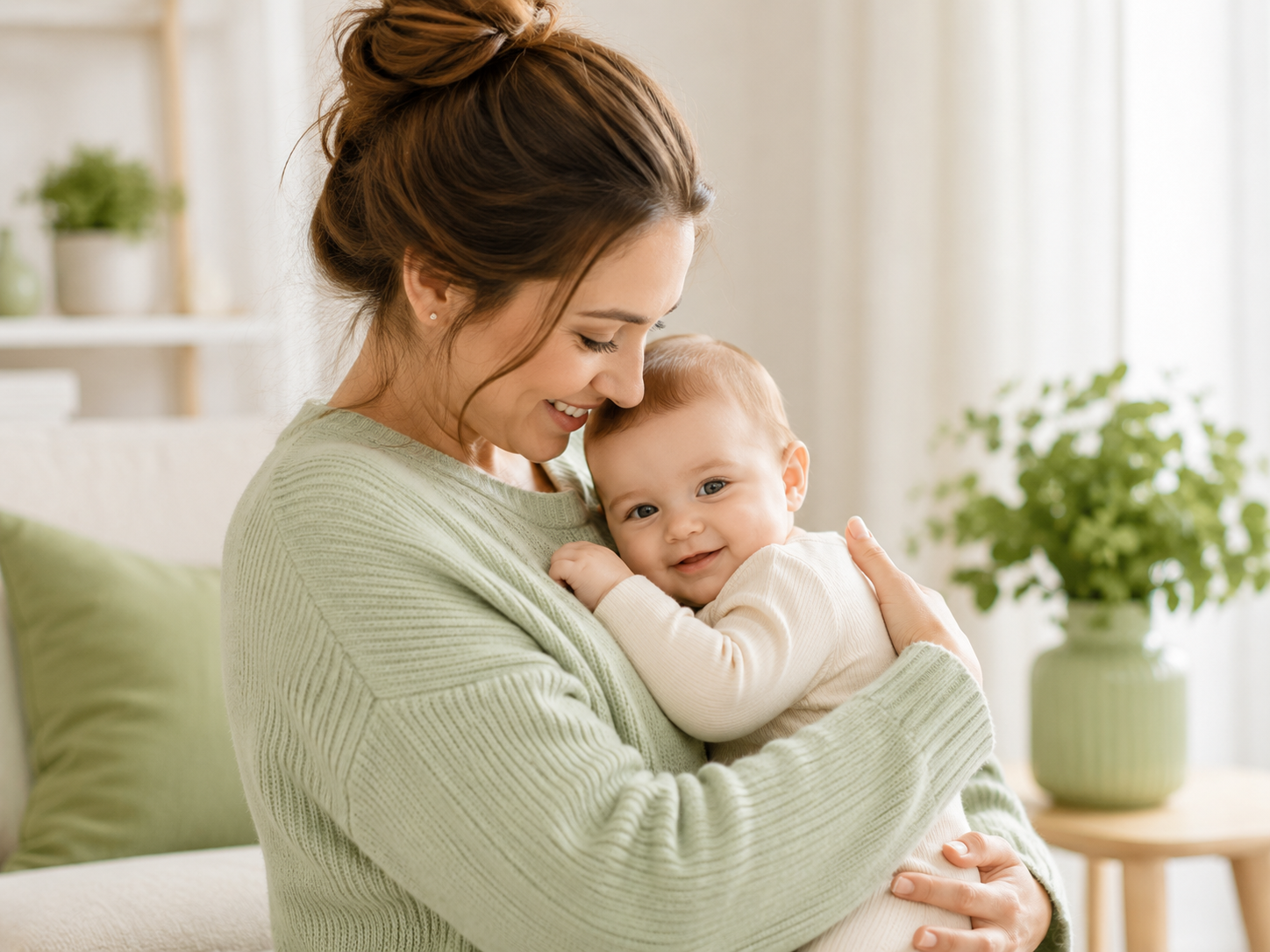 Eine Frau in einem grünen Pullover wiegt ein lächelndes Baby drinnen am Fenster.