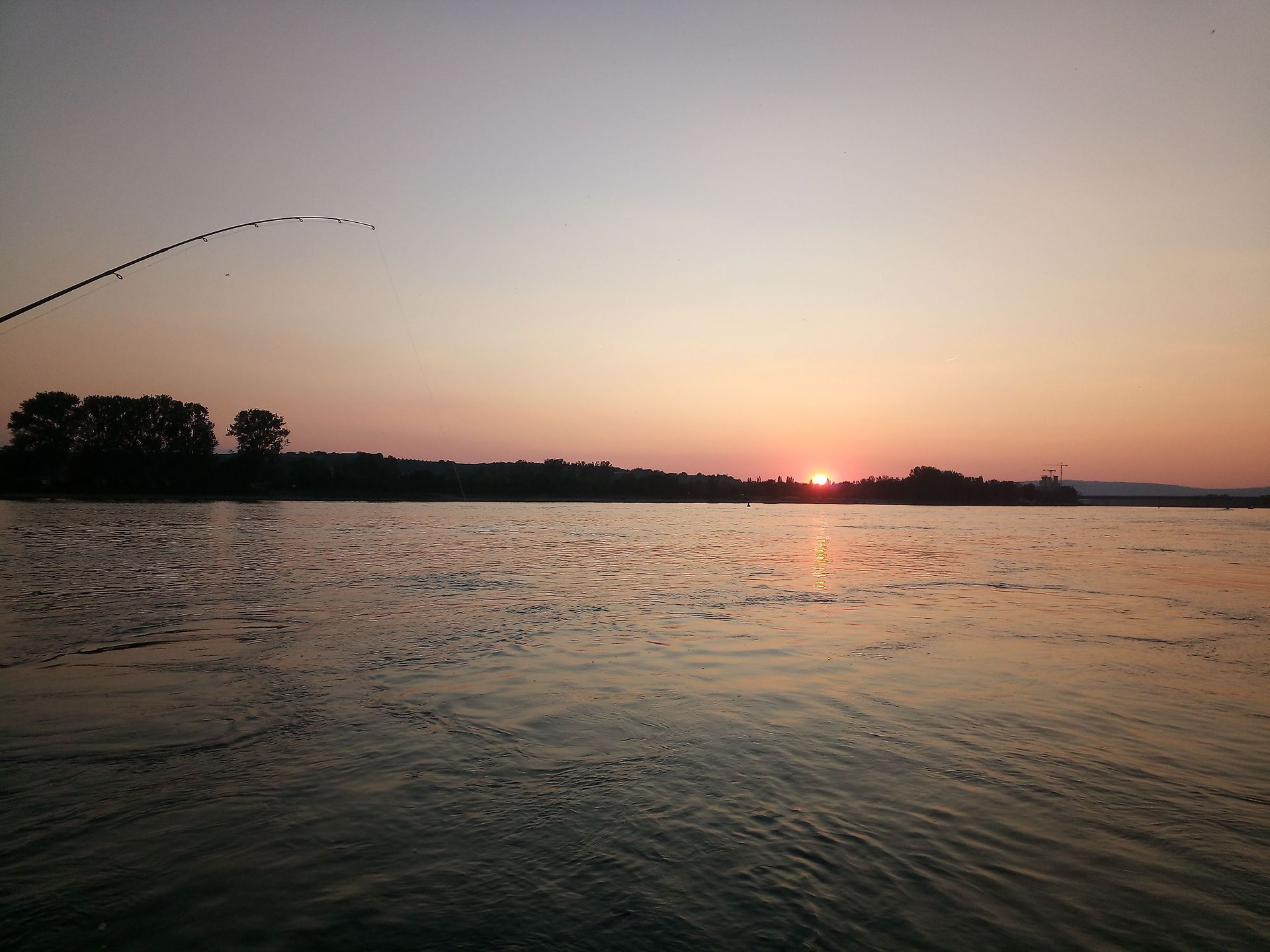 Ein Sonnenuntergang über einem Gewässer mit Bäumen im Hintergrund