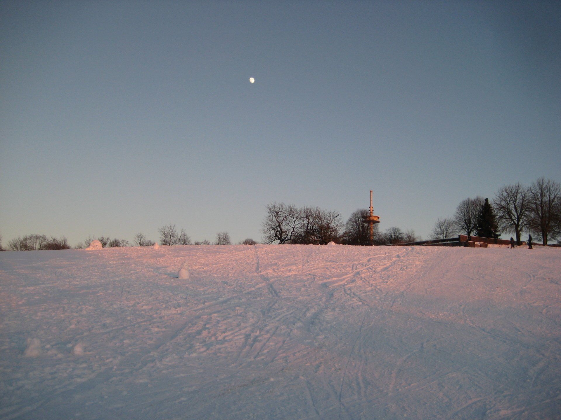 Der Mond ist am Himmel über einem schneebedeckten Feld sichtbar
