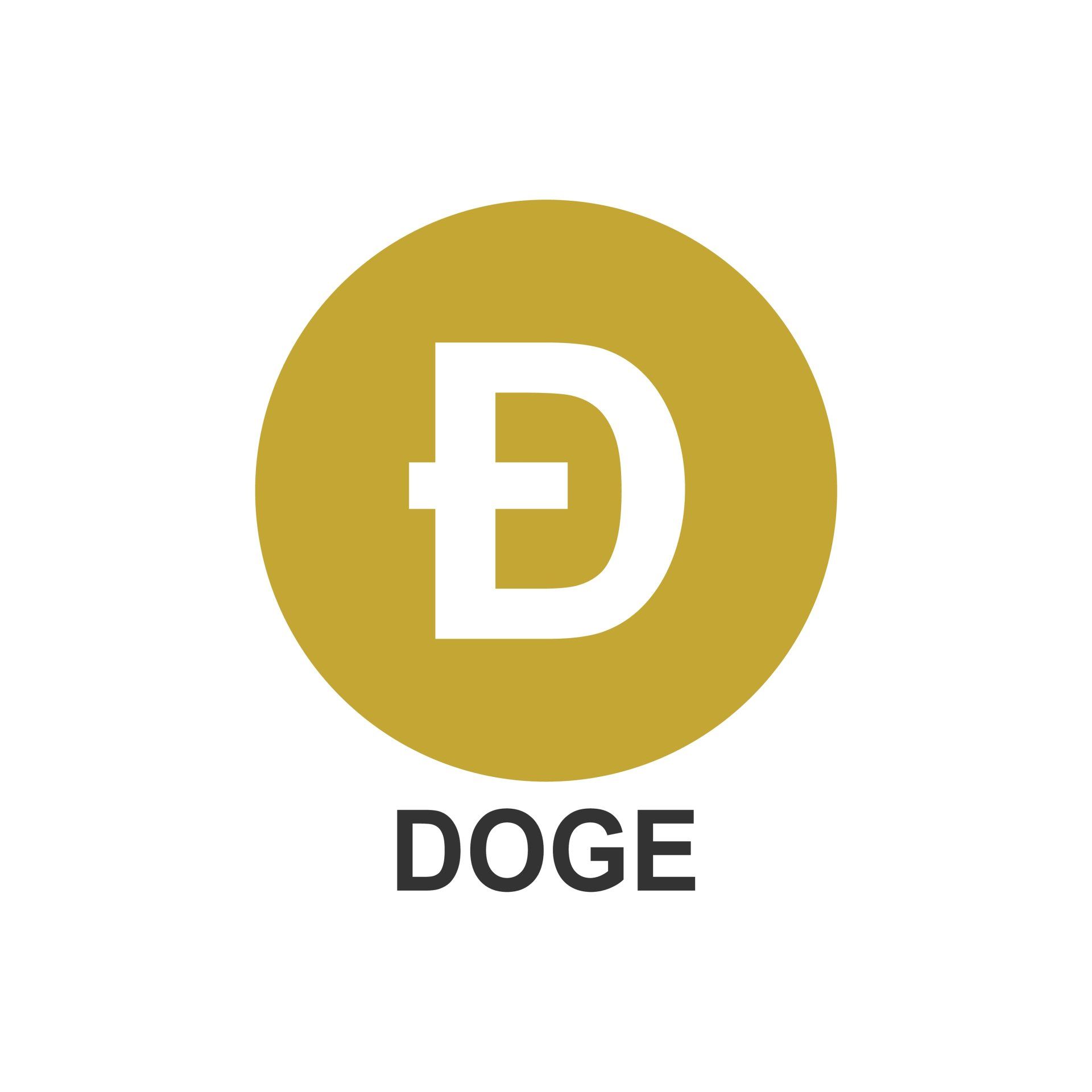 Ein goldener Kreis mit einem weißen Buchstaben d darin und dem Wort Doge darunter