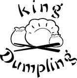 Black-and-white King Dumplings logo with a steaming dumpling illustration and crossed chopsticks