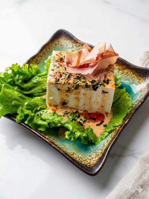 Grilled fish topped with shaved garnish on lettuce on a square ceramic plate
