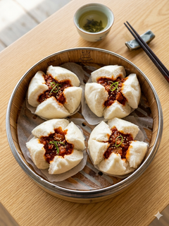 Steamed buns with red chili filling on a bamboo tray, with chopsticks and tea on a wooden table