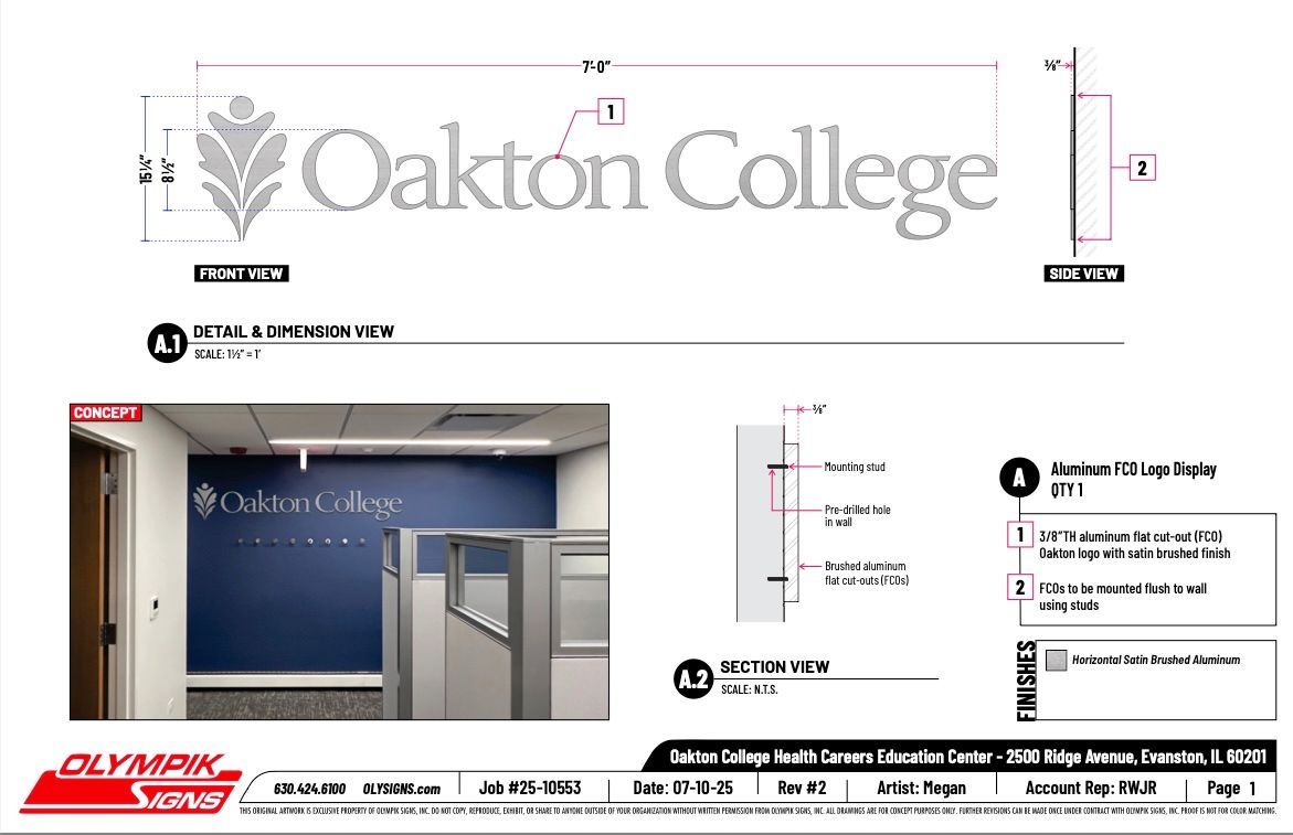 Oakton College logo and building sign, gray and white on blue wall.