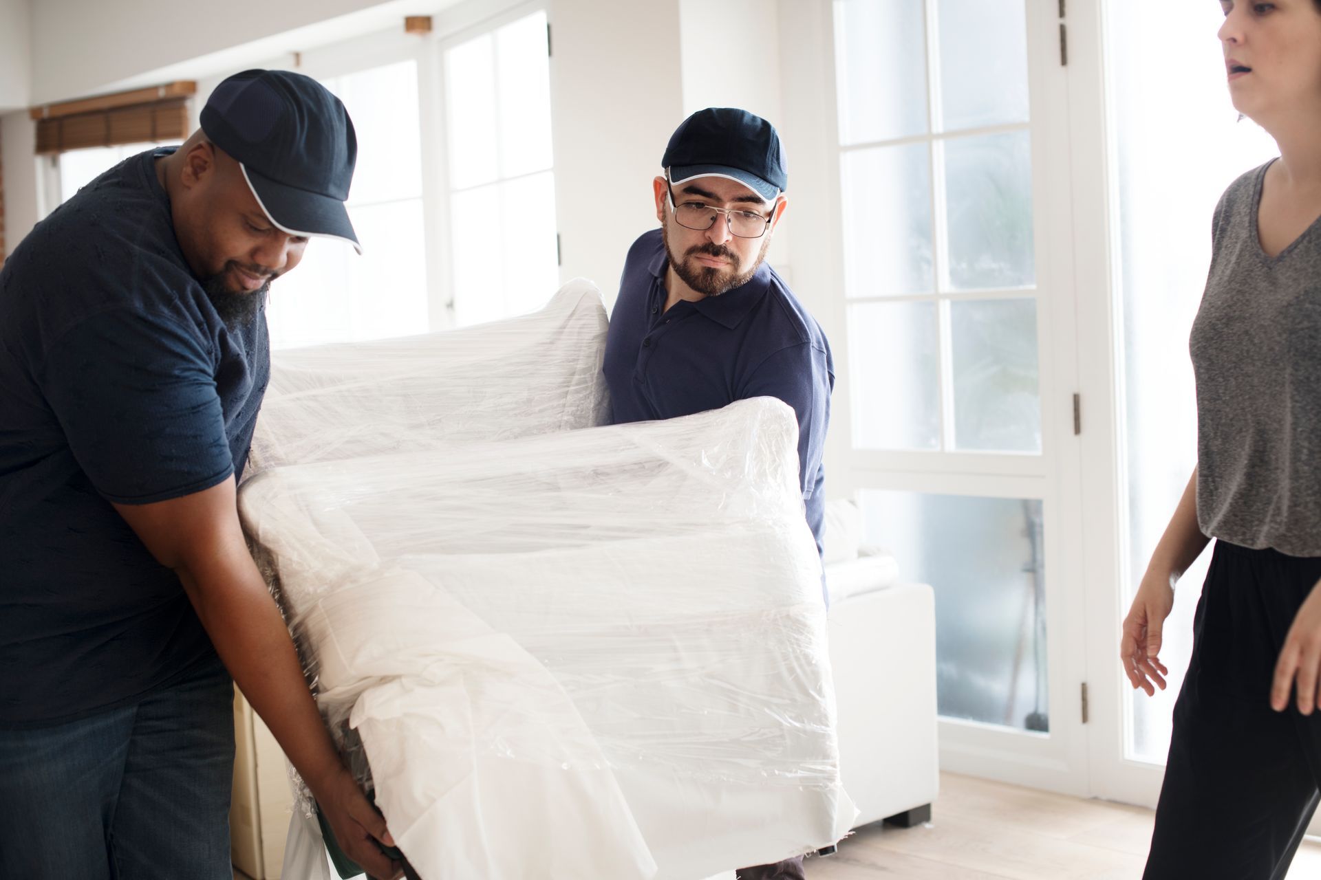 Two men are carrying a white couch in a living room.