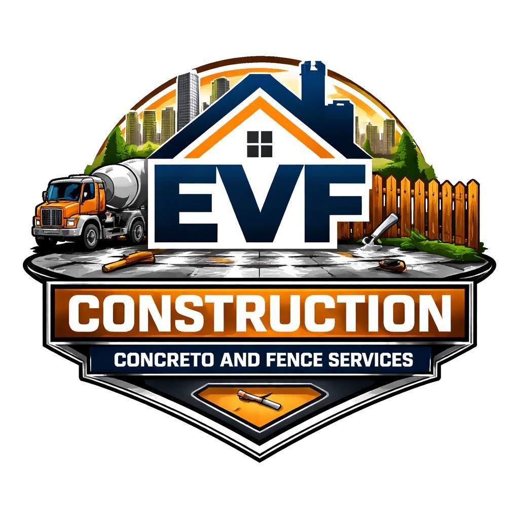 Logo for EVF Construction featuring a concrete truck, wooden fence, and city skyline, with orange and blue accents.