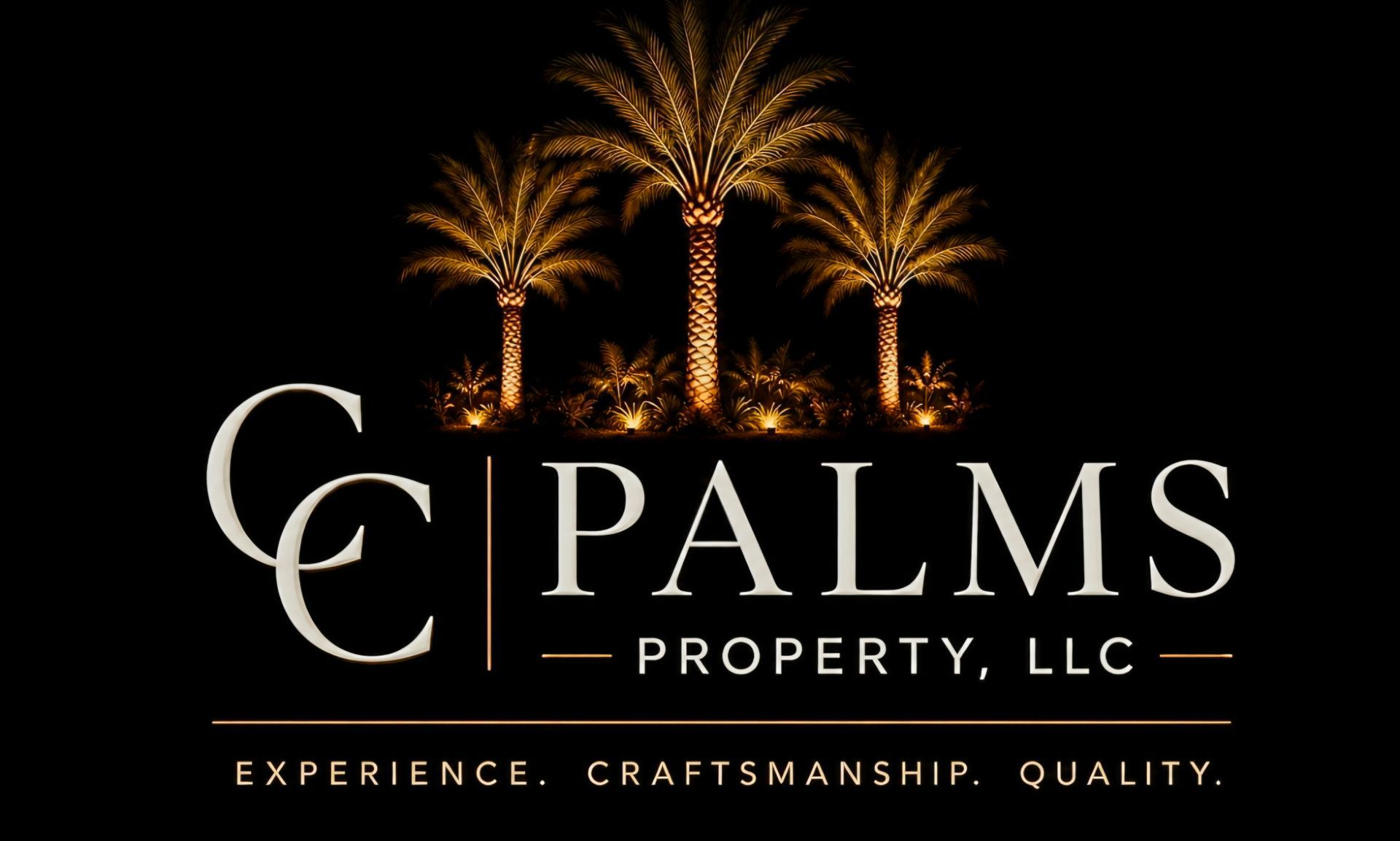 Logo for CC Palm's Property, LLC with a small building on an island between two palm trees, over ocean waves.