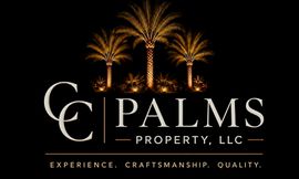 Logo for CC Palm's Property, LLC with a small building on an island between two palm trees, over ocean waves.