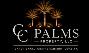 Logo for CC Palm's Property, LLC with a small building on an island between two palm trees, over ocean waves.