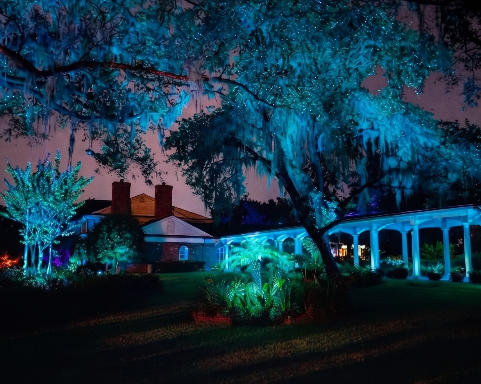 Image of a home at night with a soft golden uplighting on it.