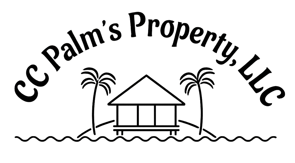 Logo for CC Palm's Property, LLC with a small building on an island between two palm trees, over ocean waves.