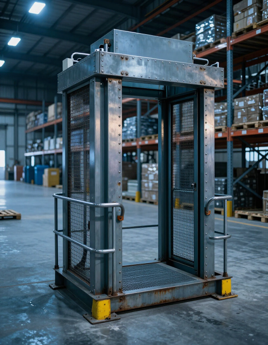 Scanner di sicurezza per metalli in un corridoio di un magazzino, con scaffali e scatole sullo sfondo.