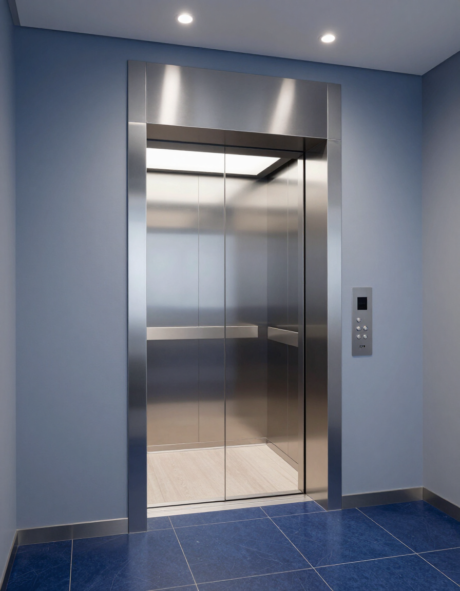 Ascensore aperto con porte in acciaio inox in un corridoio blu