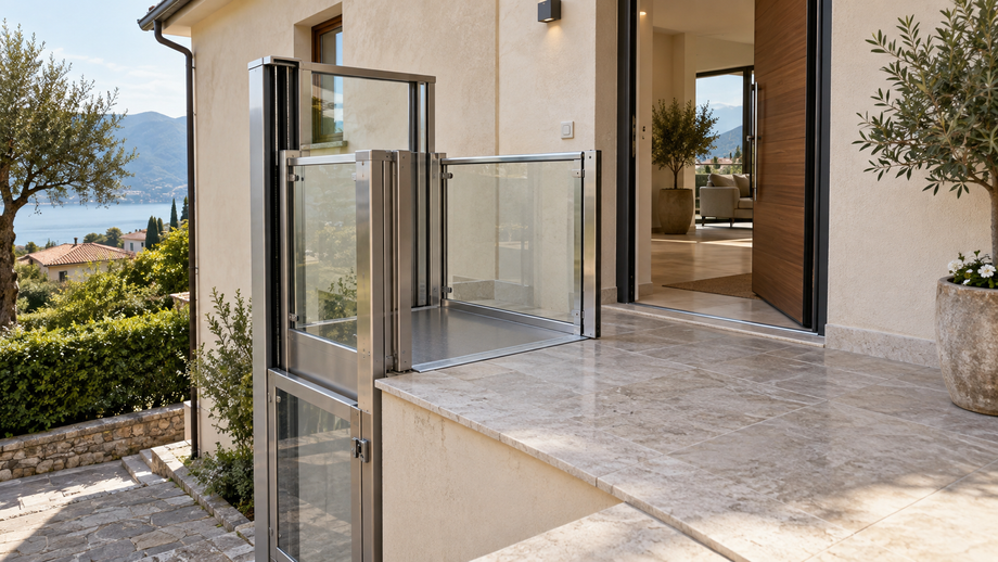 Ingresso moderno della casa con ascensore in vetro, patio in pietra e vista mare.