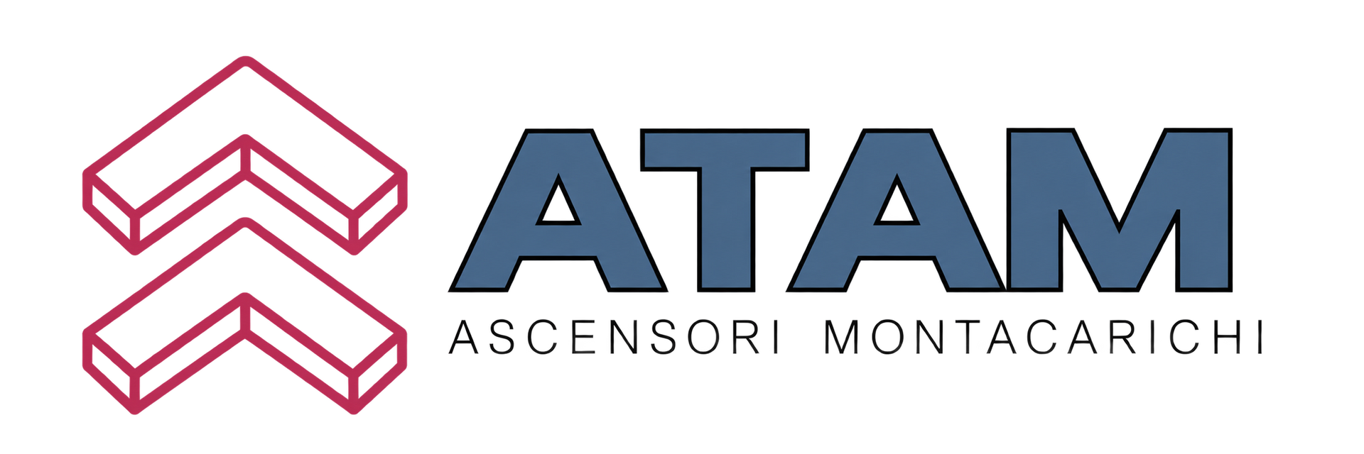 Logo for ATAM Ascensori Montacarichi Installazione, with blue letters and red up-down arrow icon