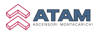 Logo for ATAM Ascensori Montacarichi Installazione, with blue letters and red up-down arrow icon