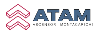 Logo for ATAM Ascensori Montacarichi Installazione, with blue letters and red up-down arrow icon