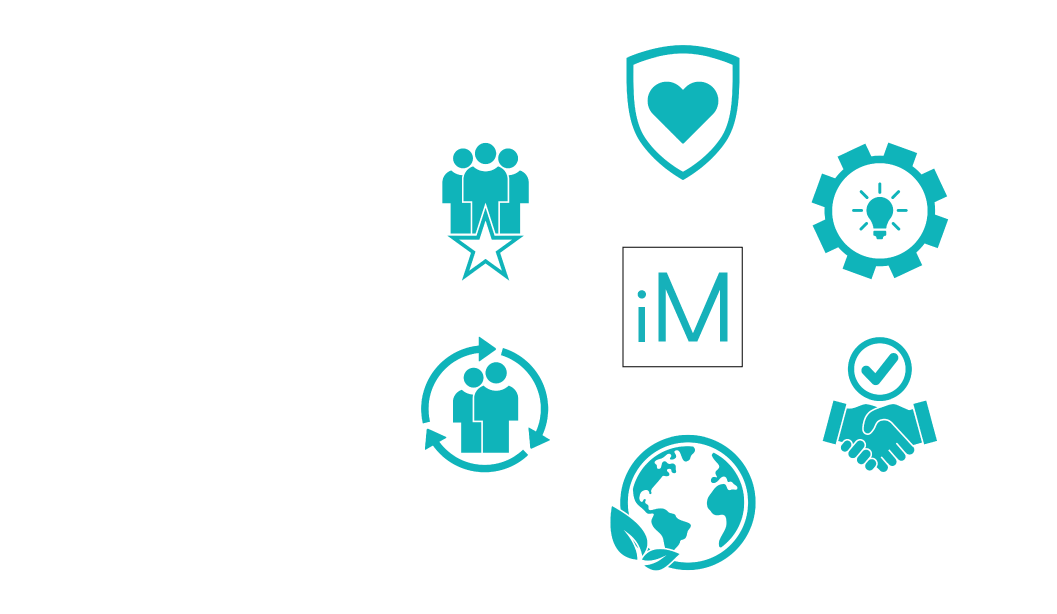 Six values icons around the iM Med square icon