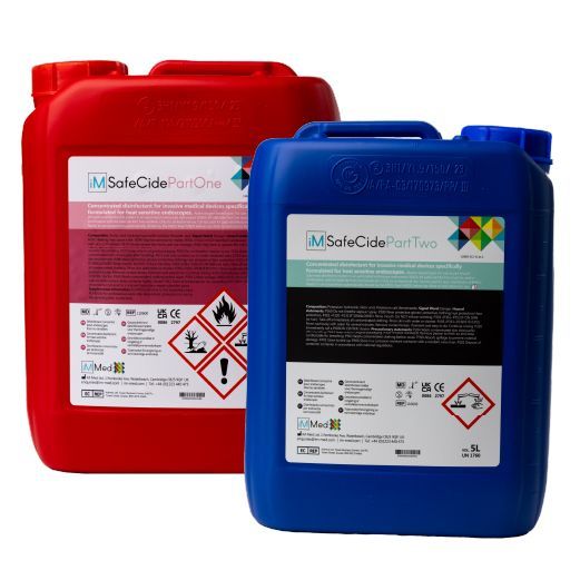 iM Med bottle of iM SafeCide Part One & Part Two 2-part peracetic acid disinfectant for use at ambient temperature.