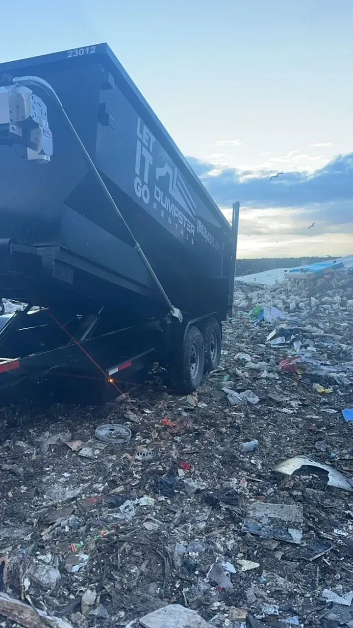 Large blue dumpster in a trash-strewn landfill at sunset, with a cloudy sky in the background