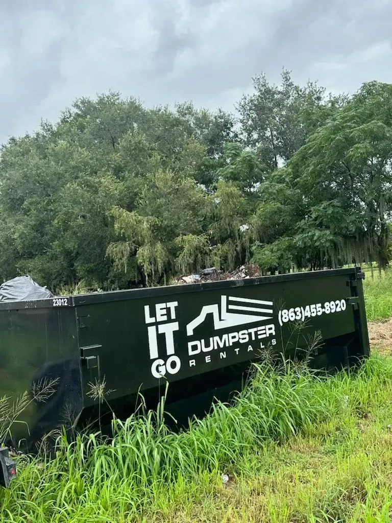 Black dumpster with white “LET IT GO” and “Dumpster” text beside tall grass and trees.