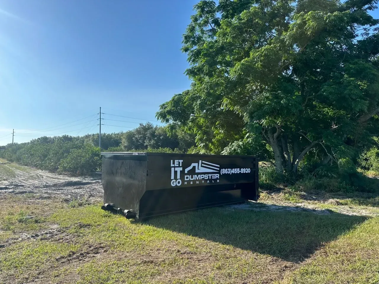 Black dumpster in a sunny field beside a tree and utility poles under a clear blue sky