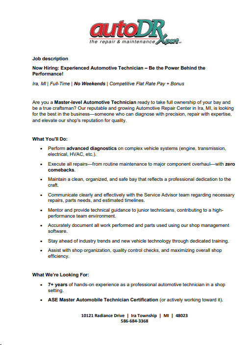 Automotive Technician Certification And Training Document | Auto DR