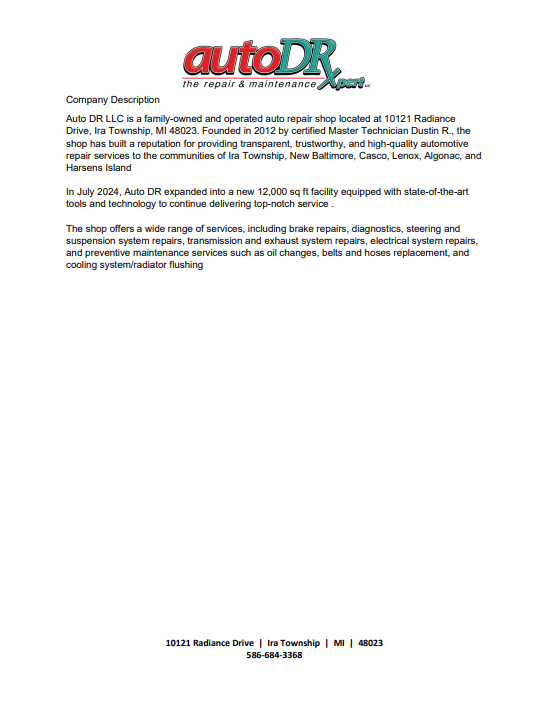 Automotive Technician Experience And Service Capabilities Sheet | Auto DR