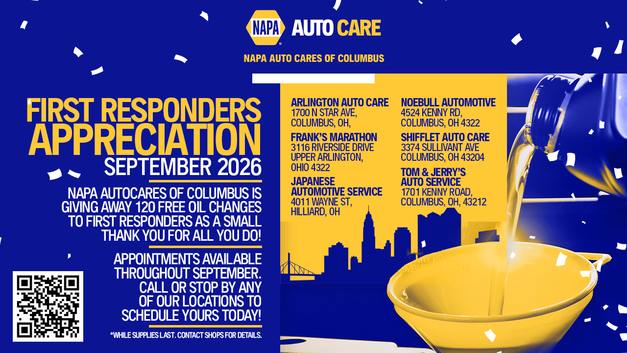 First Responders Appreciaton September 2026. We are giving away 120 free oil chages to first responders. Appointments available thoughout September. Call or stop by any of our locations to schedule yours today!