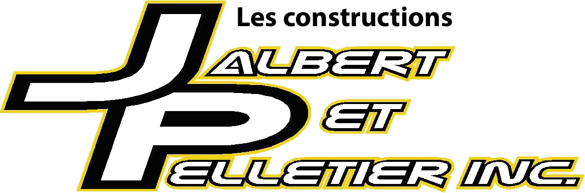 Logo pour JP Albert et Pelletier Inc., Les constructions, texte blanc sur fond jaune et noir.