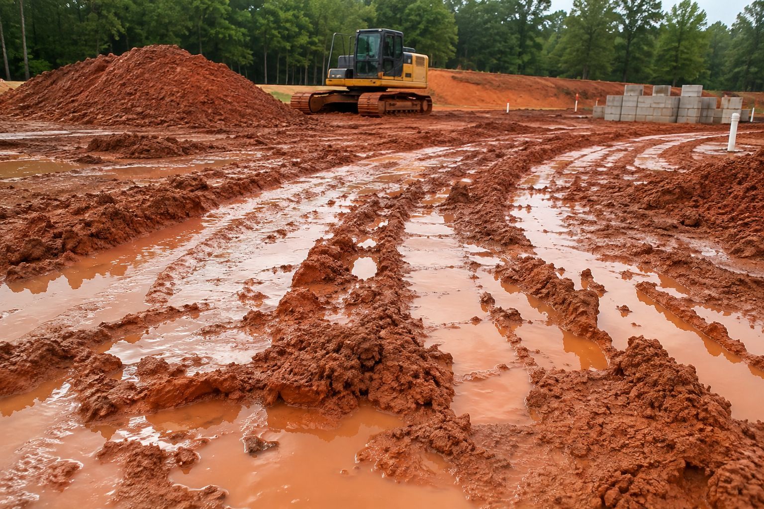 Mud-covered construction site with a bulldozer and deep tire tracks in a red clay field
