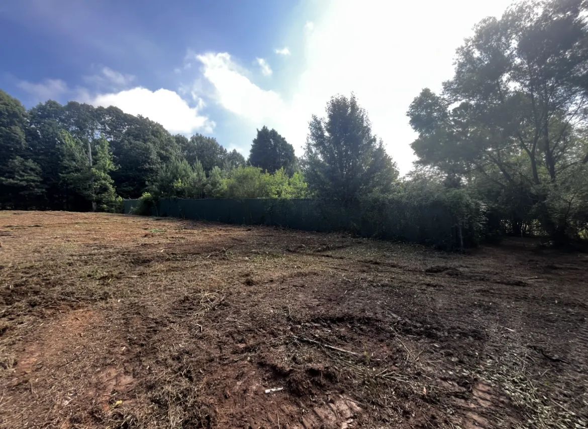 A dirt-covered lot cleared of vegetation, bordered by a dense line of green trees under a partly cloudy sky.
