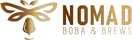 Nomad Boba & Brews logo with gold bee and brown text on a white background