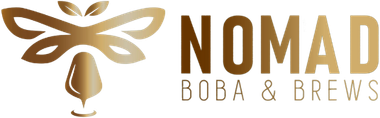 Nomad Boba & Brews logo with gold bee and brown text on a white background