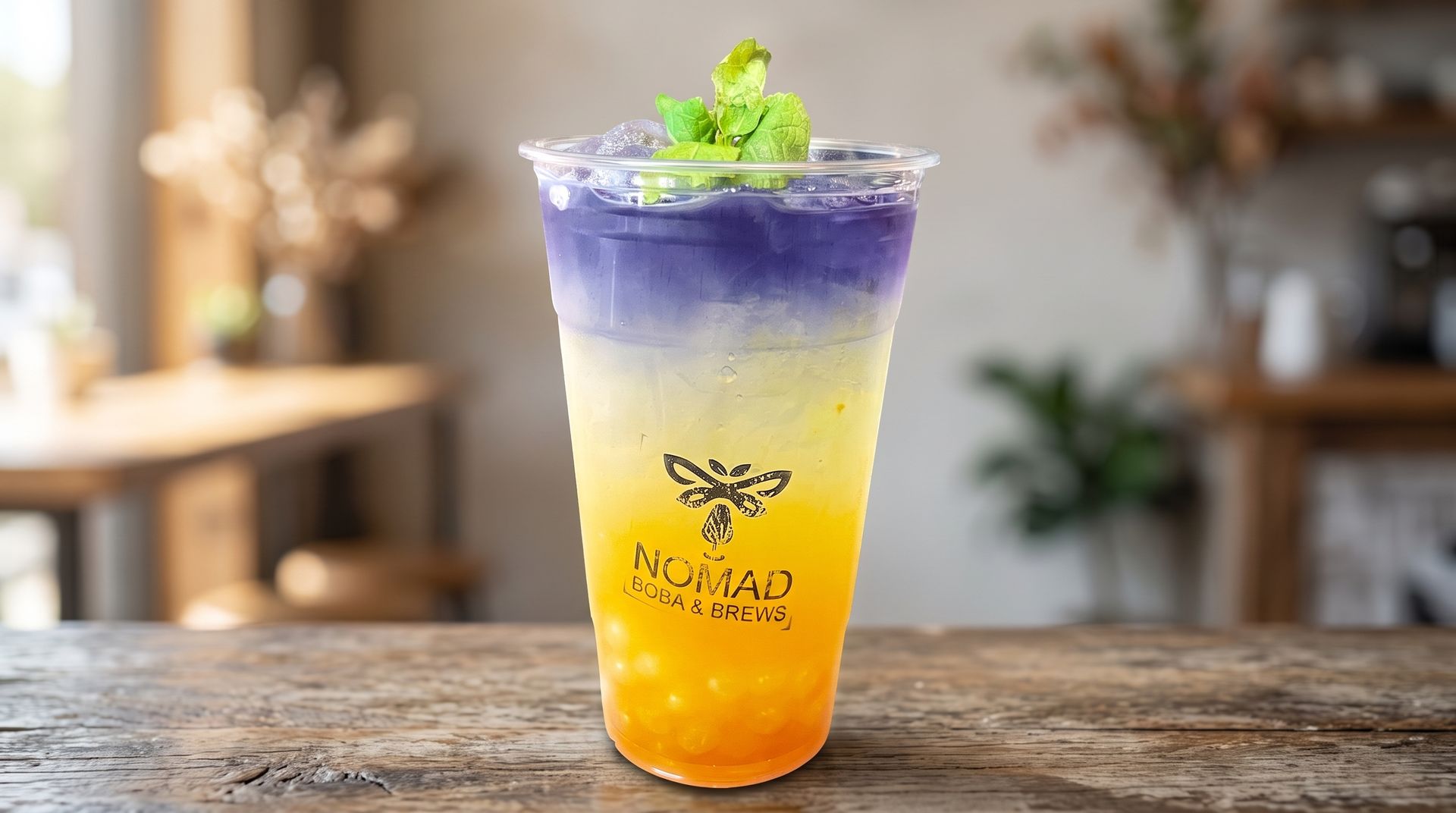 Tall layered purple-to-orange drink in a clear cup with mint on top, on a rustic wooden table