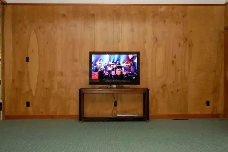 Small TV on a stand in a wood-paneled room with green carpet and wall outlets.