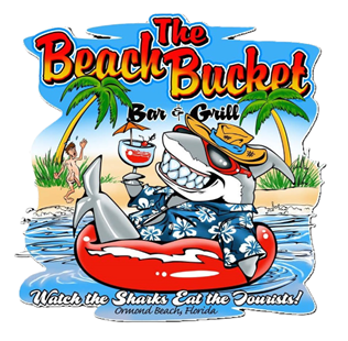 Cartoon shark in a straw hat and floral shirt floats in a red tube with a drink, with