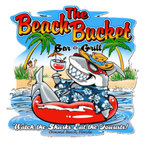 Cartoon shark in a straw hat and floral shirt floats in a red tube with a drink, with 