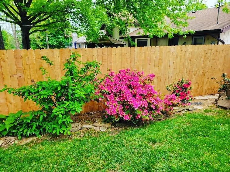 Wood privacy fence surrounding a landscaped Springfield, Missouri property