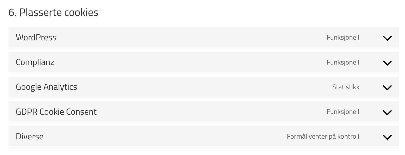 Meny for informasjonskapsler med utvidbare rader for kategorier som Bedrift, Google Analytics, GDPR-samtykke til informasjonskapsler og Bruker.