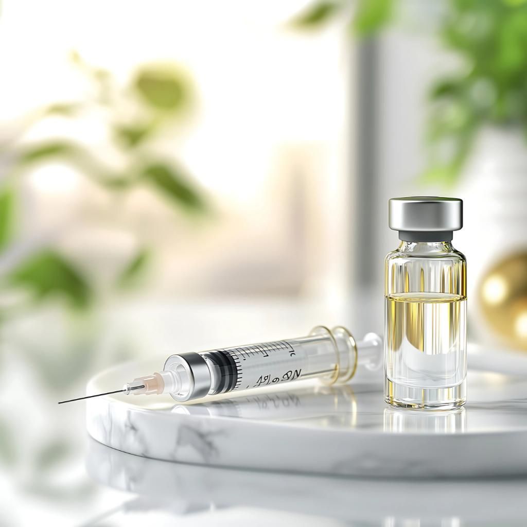 Syringe and small vial on a white tray, lit by soft natural light with blurred plants in the background